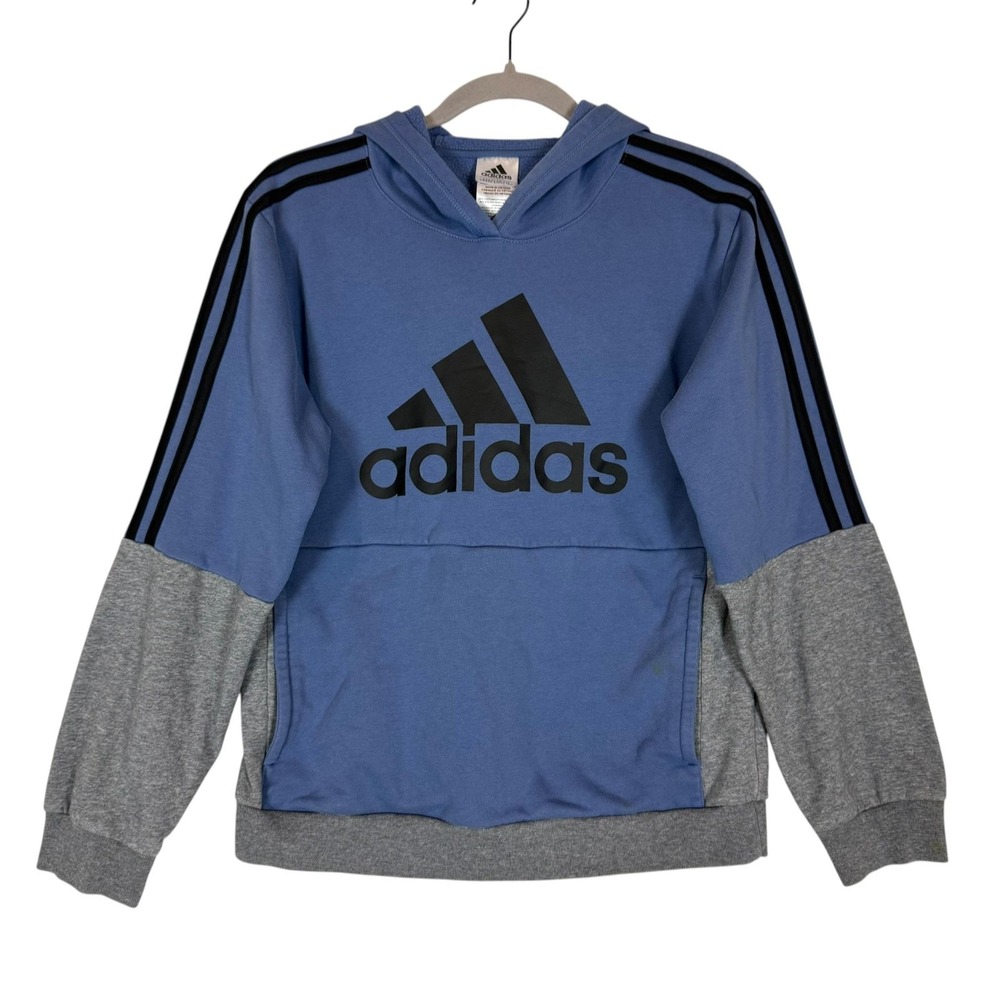 Adidas Hoodie Sweatshirt Kids L 14-16 Blue Gray Fleece Pullover Logo Athletic